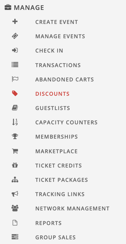 Discounts in dashboard menu