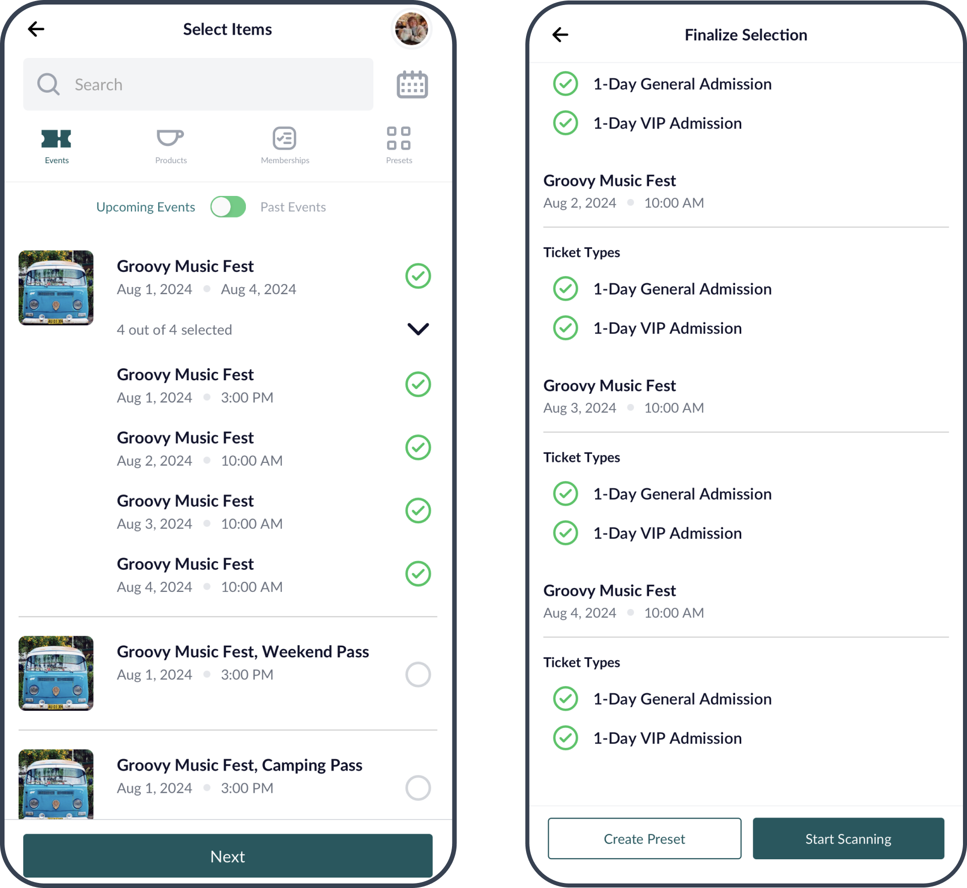 Selecting event and ticket types for offline scanning