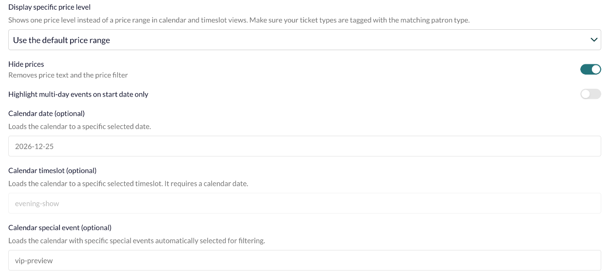 Event calendar section settings for price level, hidden prices, calendar date, timeslot and special event
