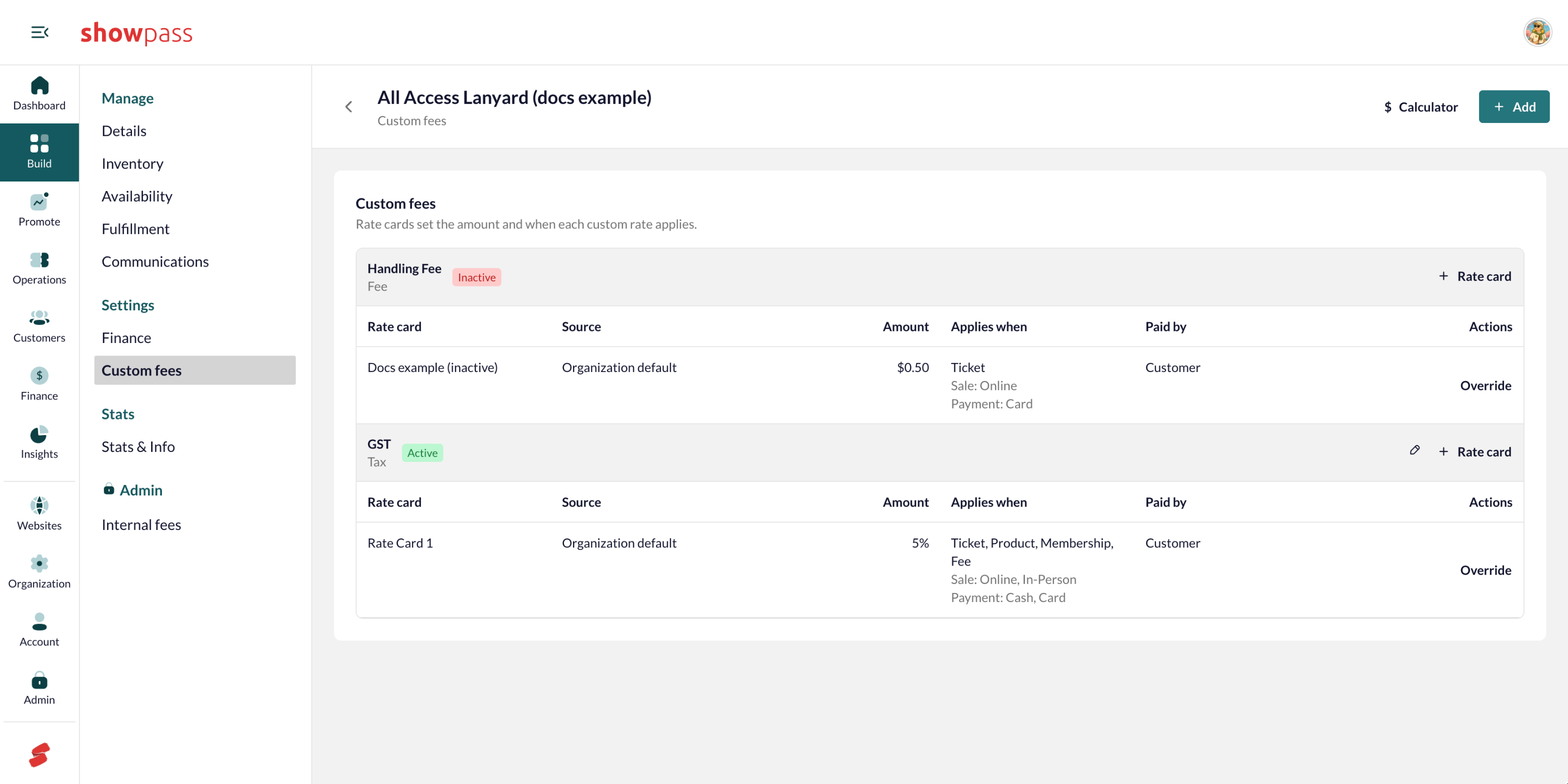 Custom fees tab