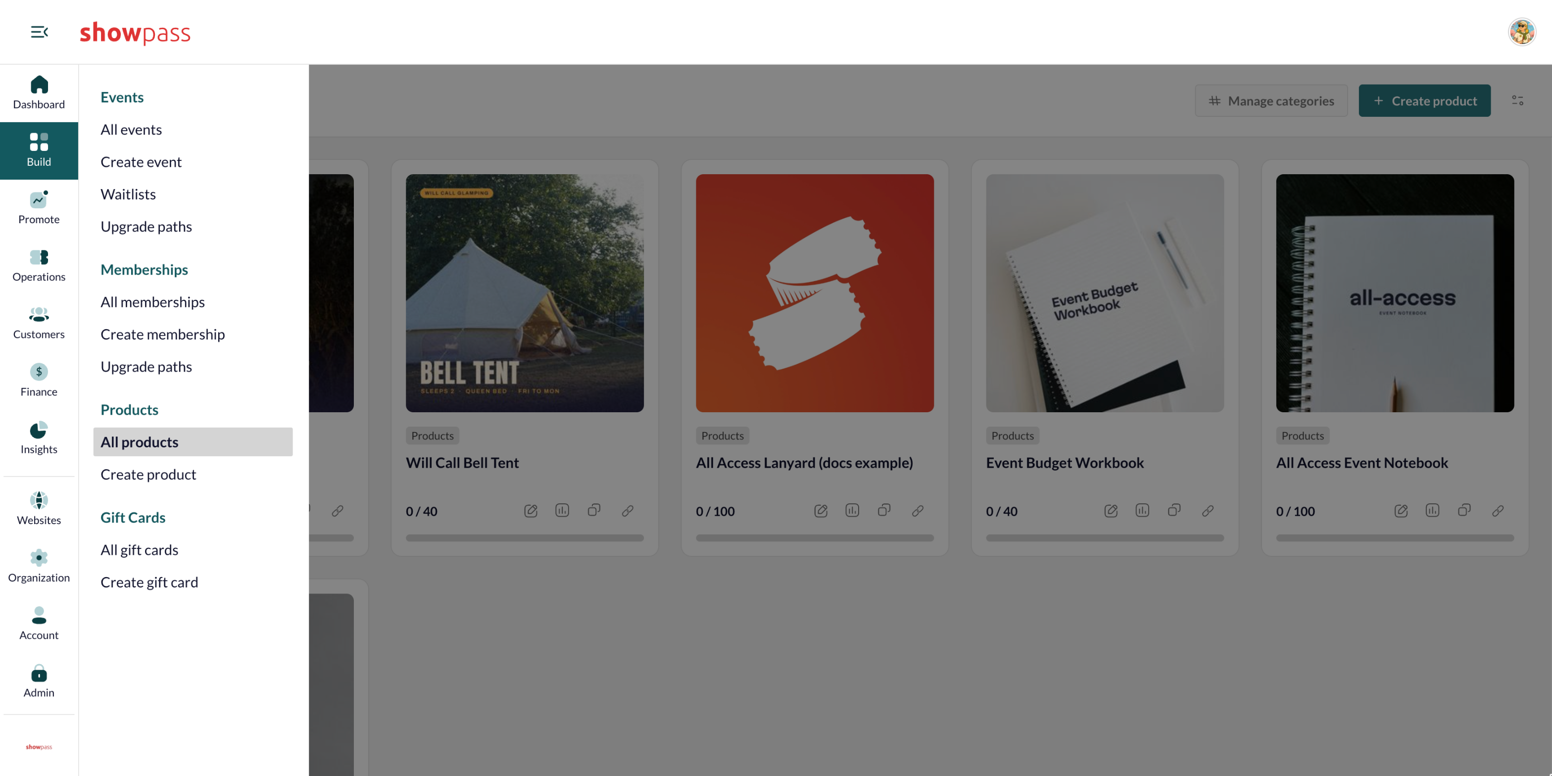 Build menu with the Products group