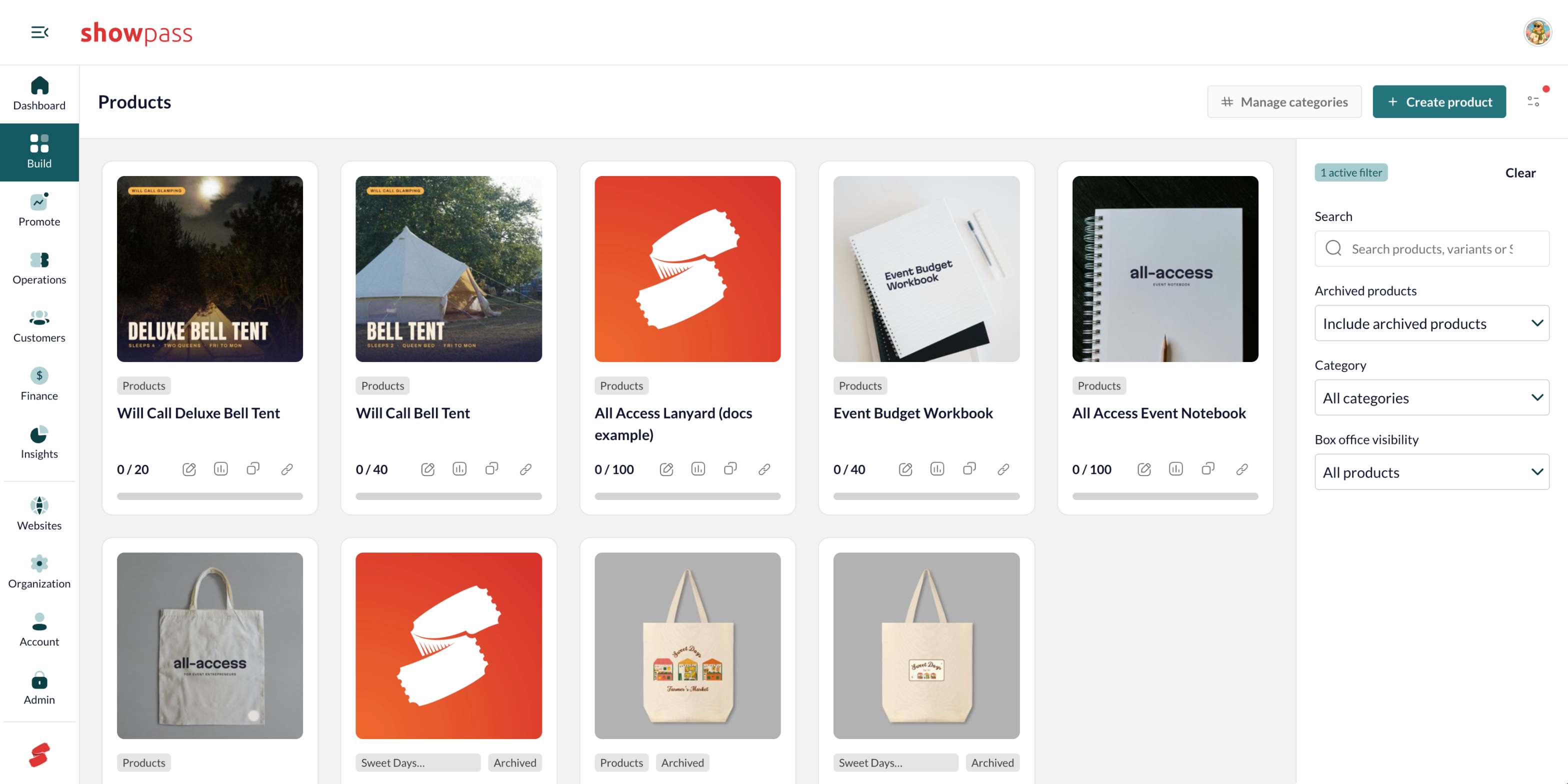 Archived product in the list with the filter on