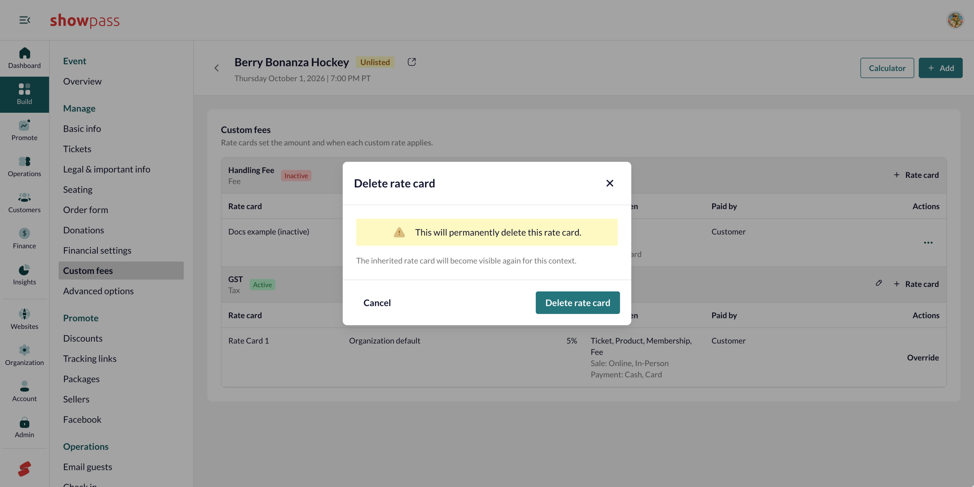 Event custom fees delete override confirmation