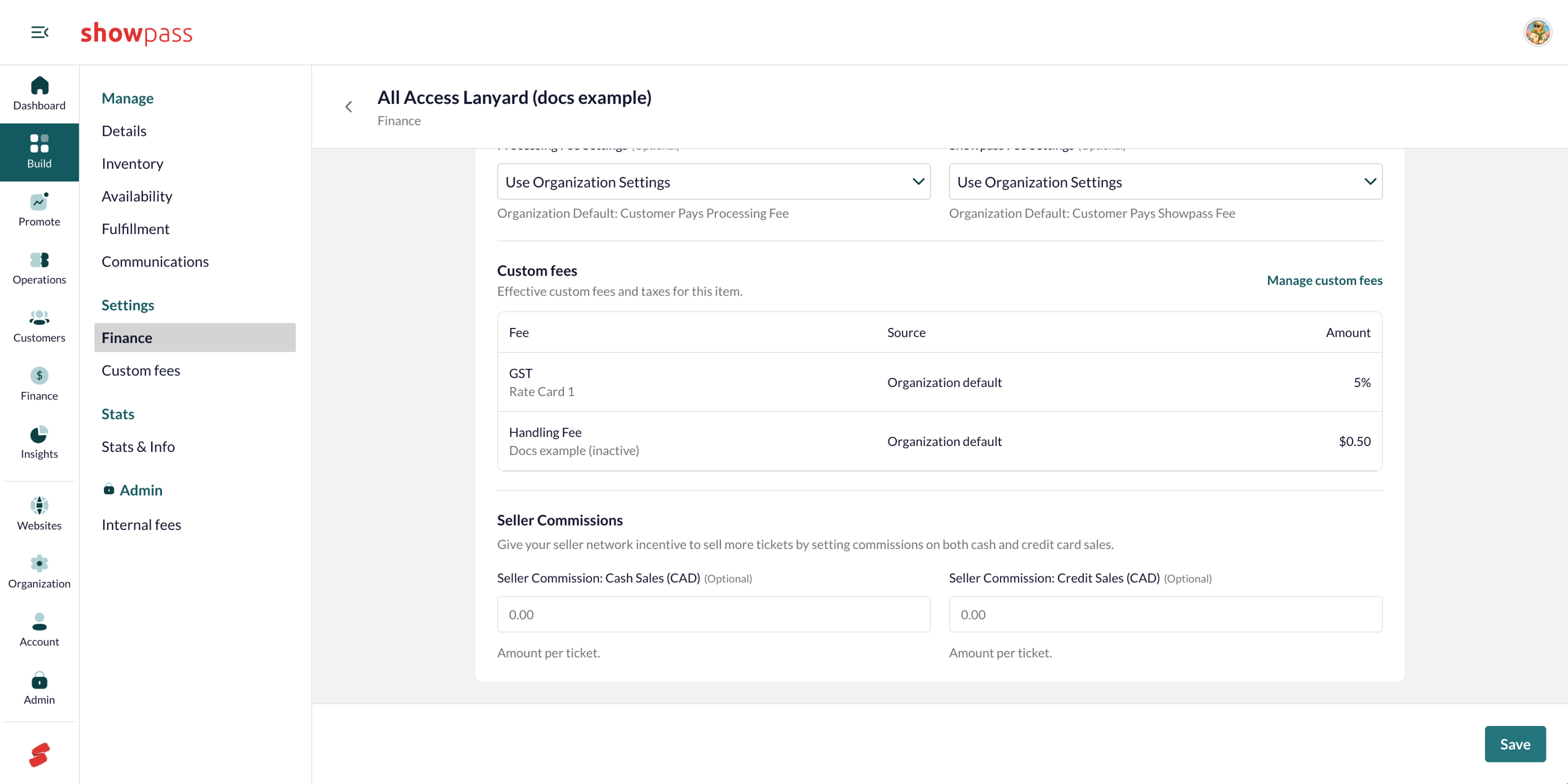 Finance tab: custom fees and seller commissions