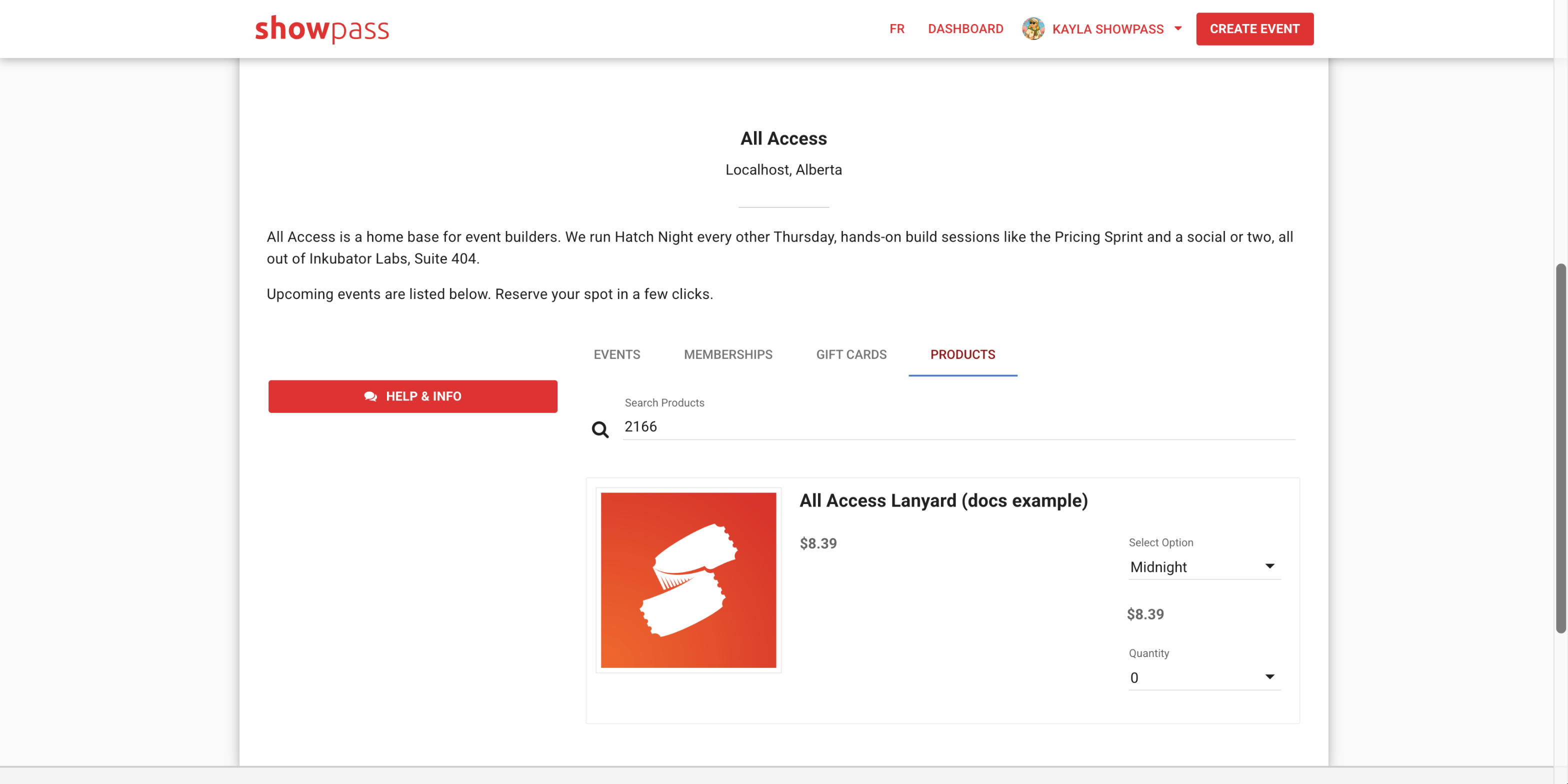 Public organizer page, Products tab