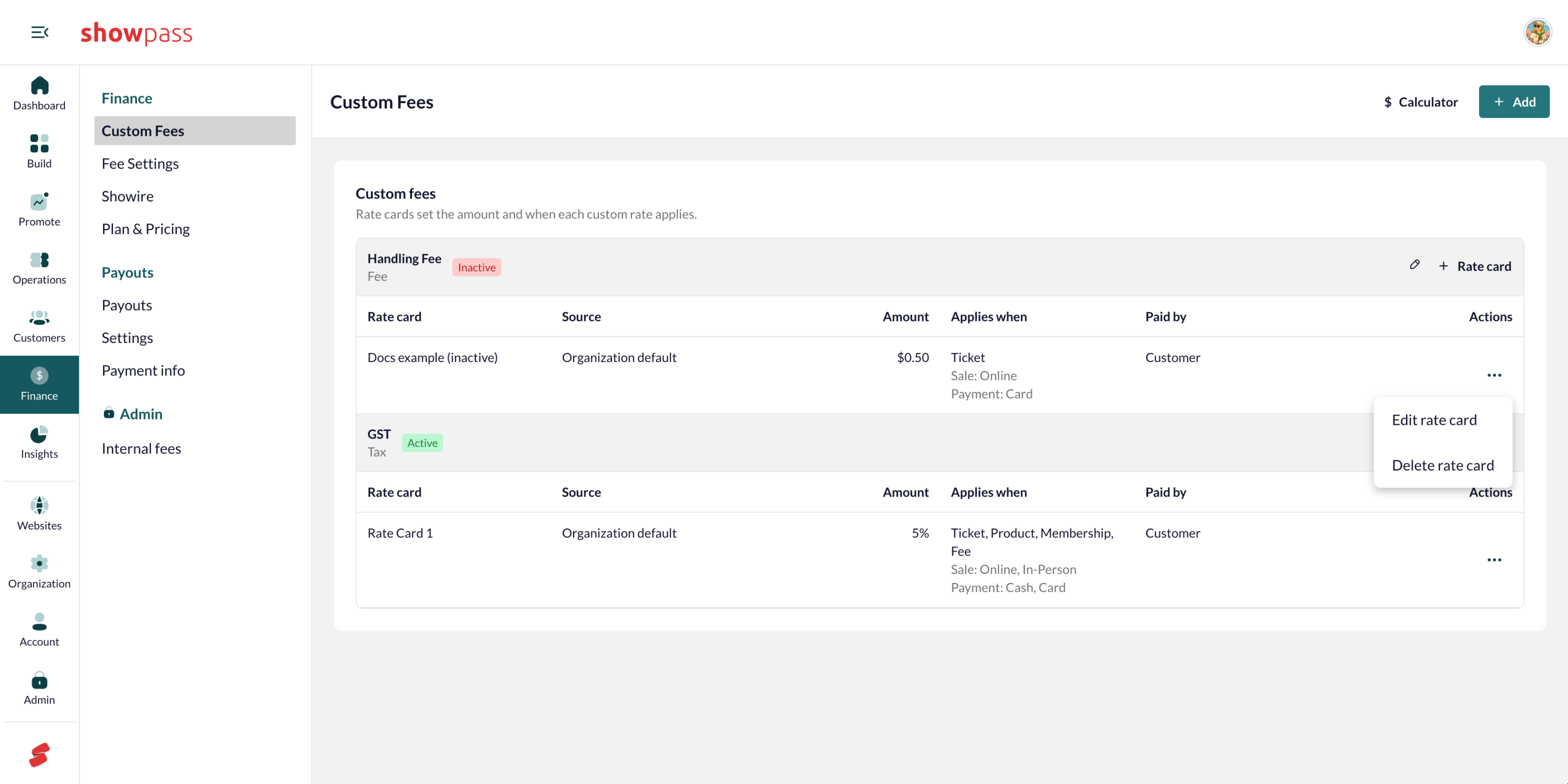 Rate card actions