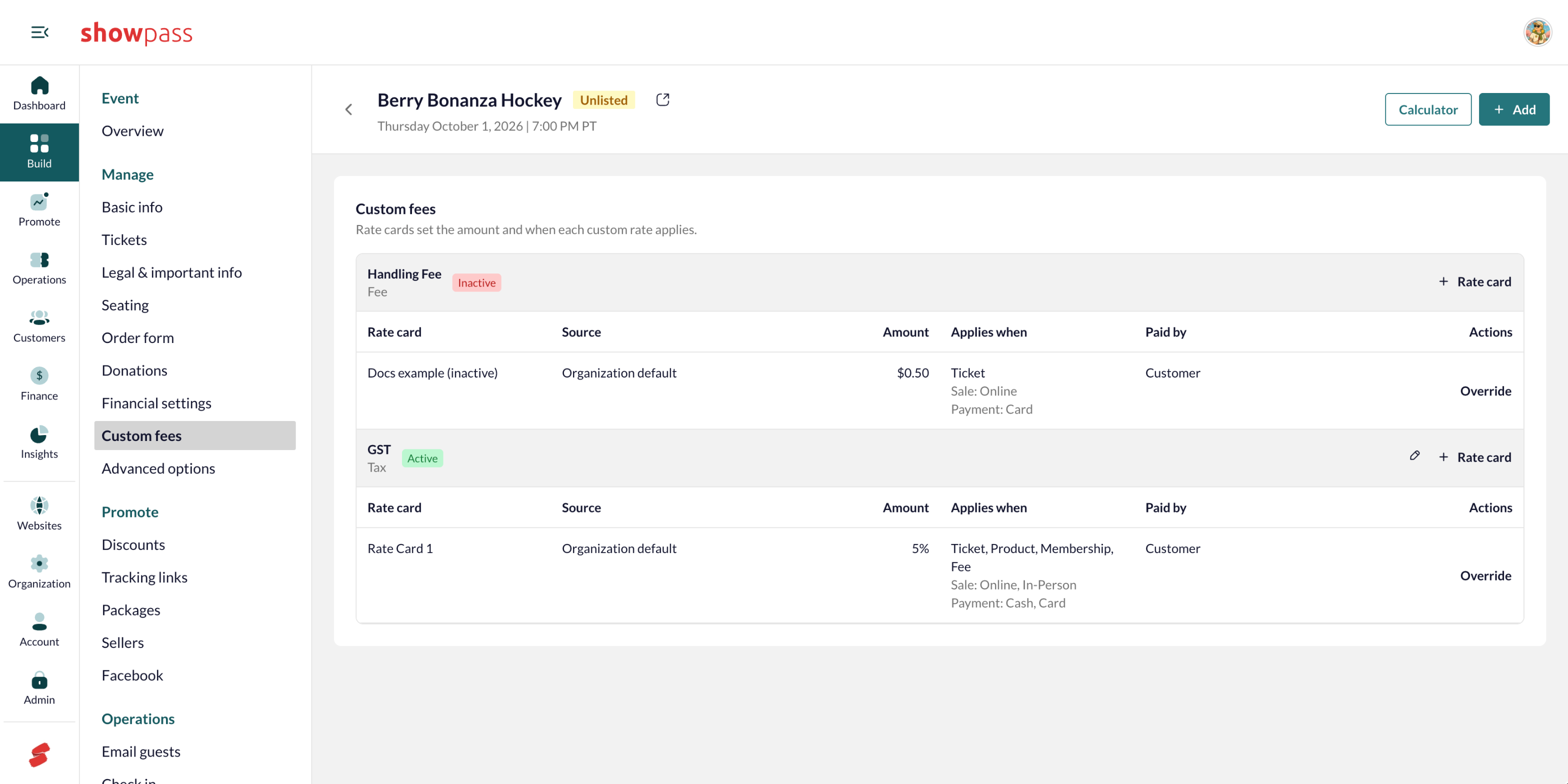 Event custom fees tab