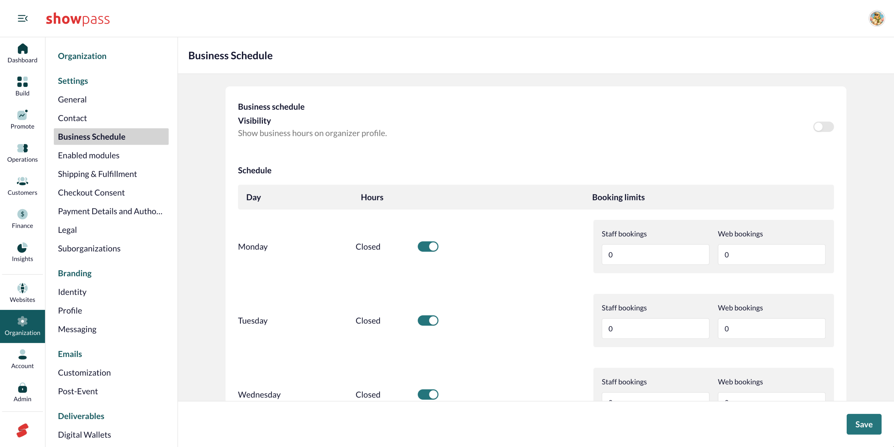 Organization settings Business Schedule