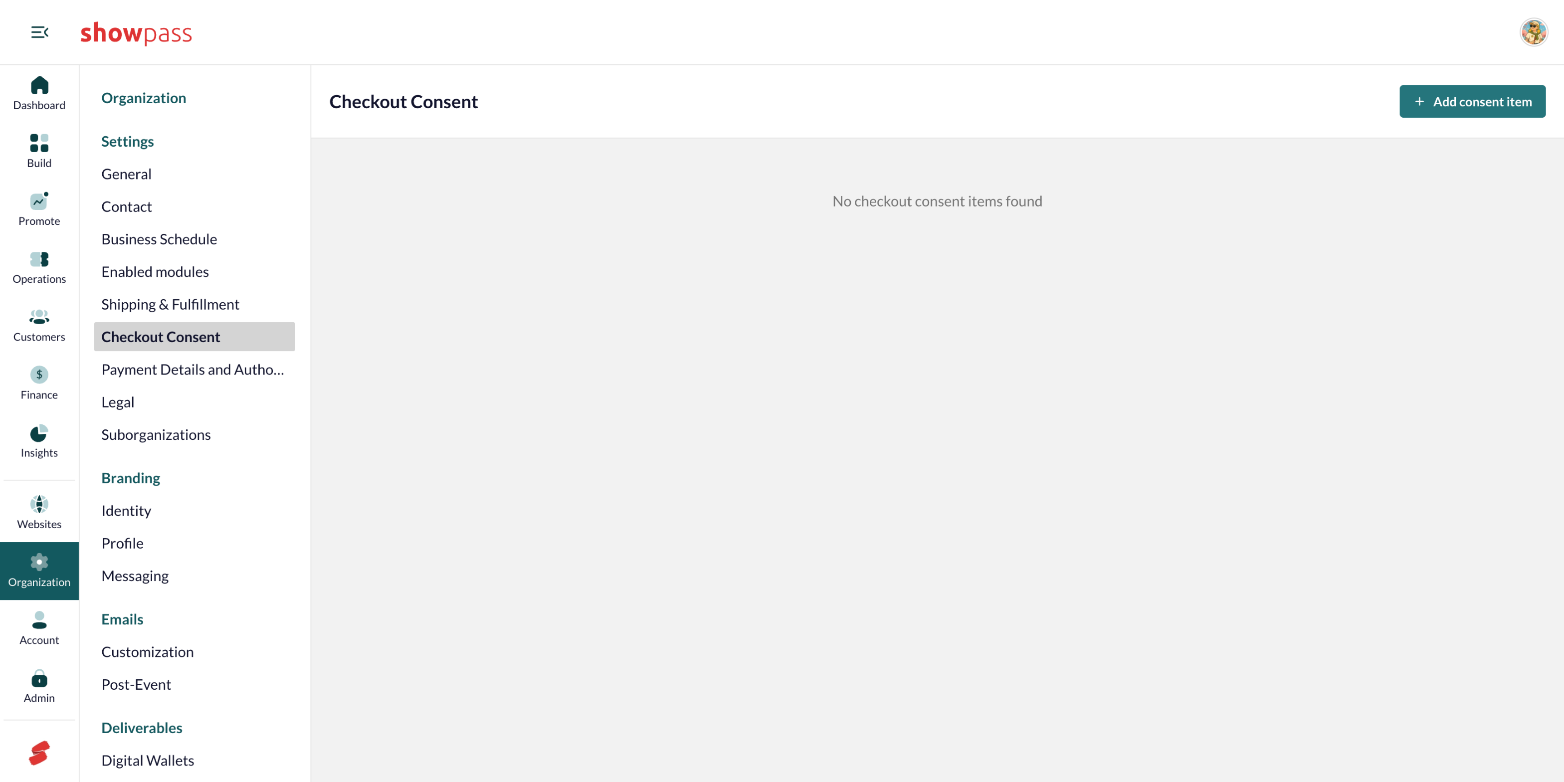 Organization settings Checkout Consent