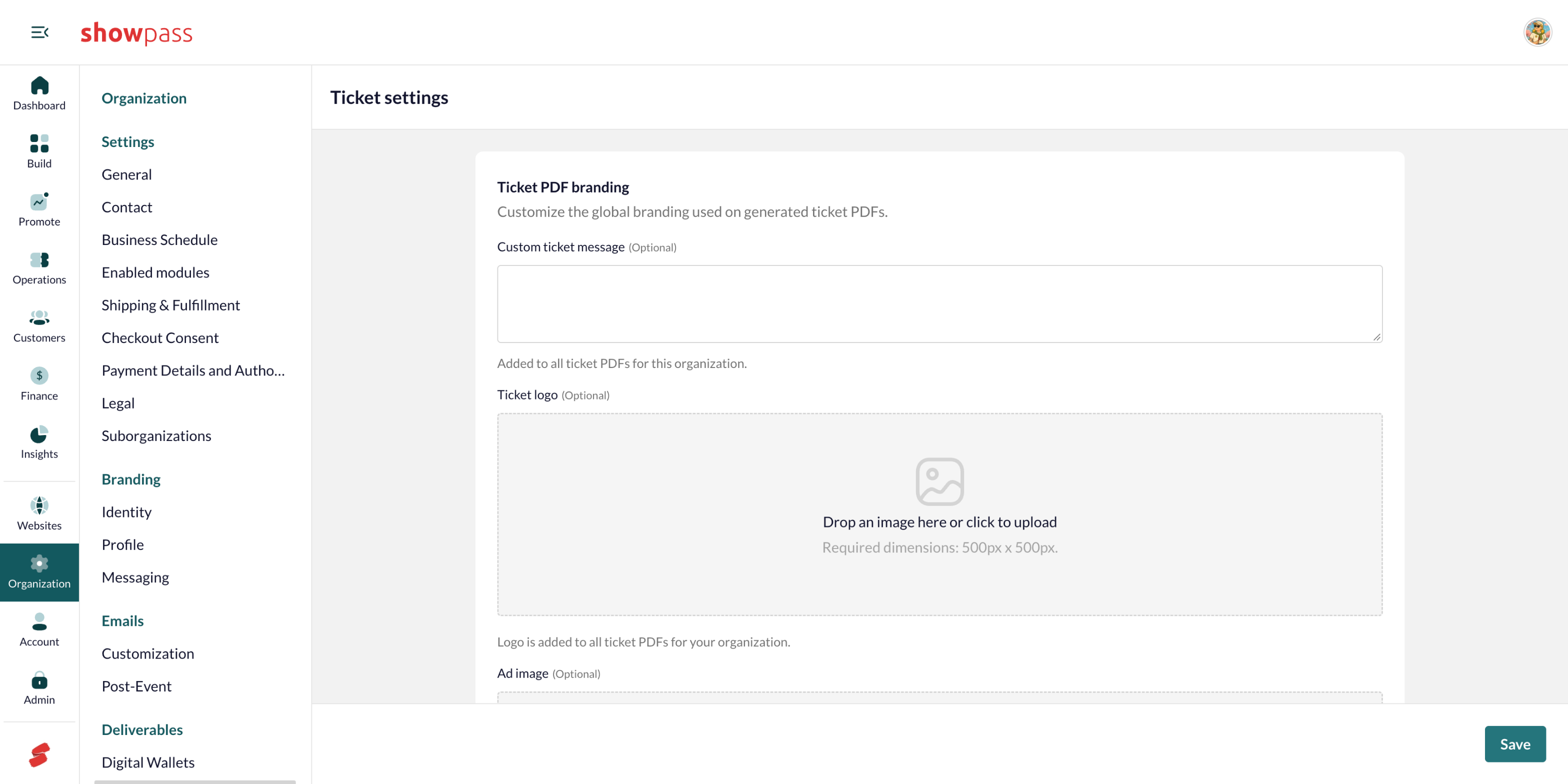 Organization deliverables Ticket settings
