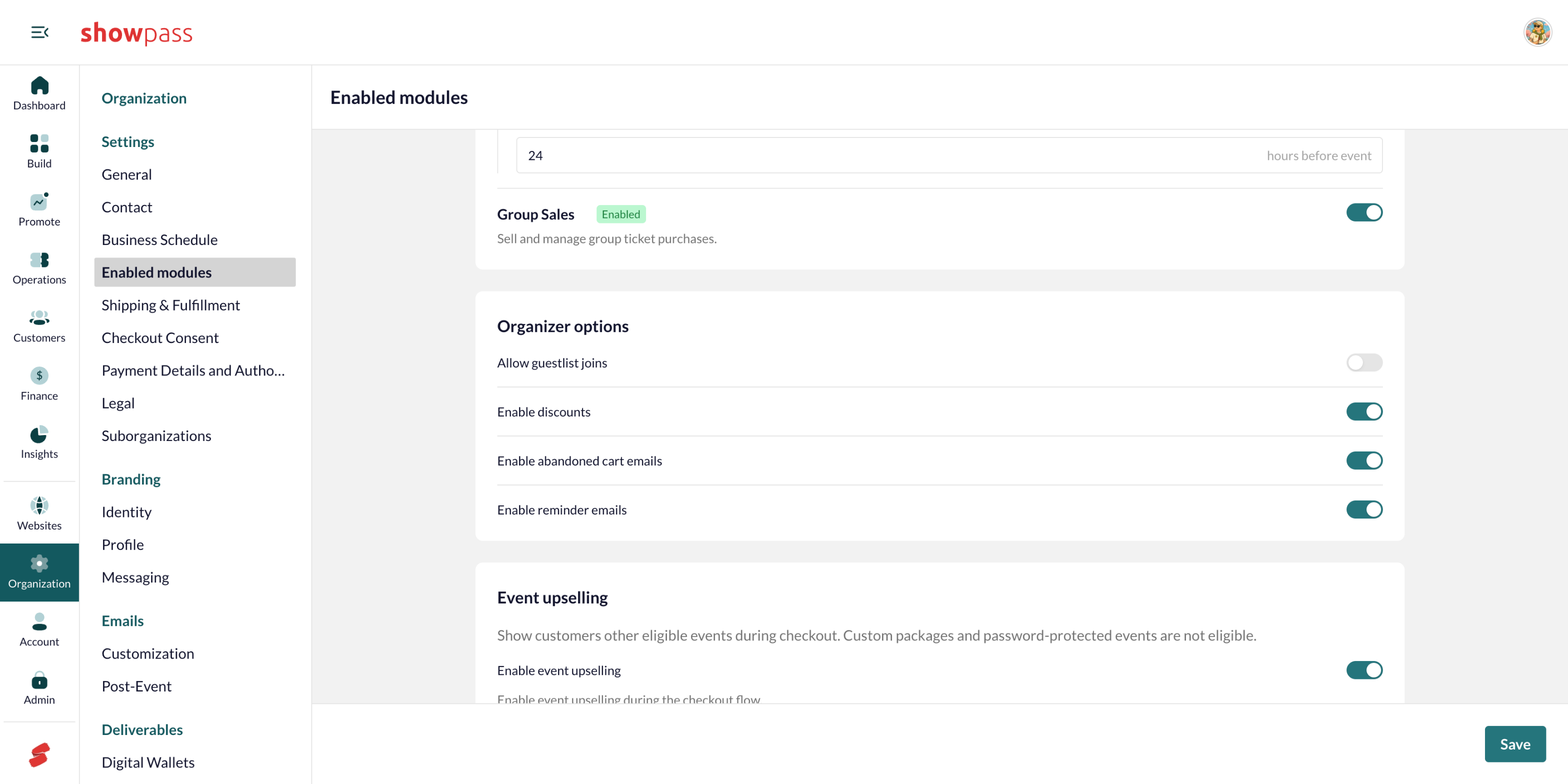 Enabled modules, organizer options