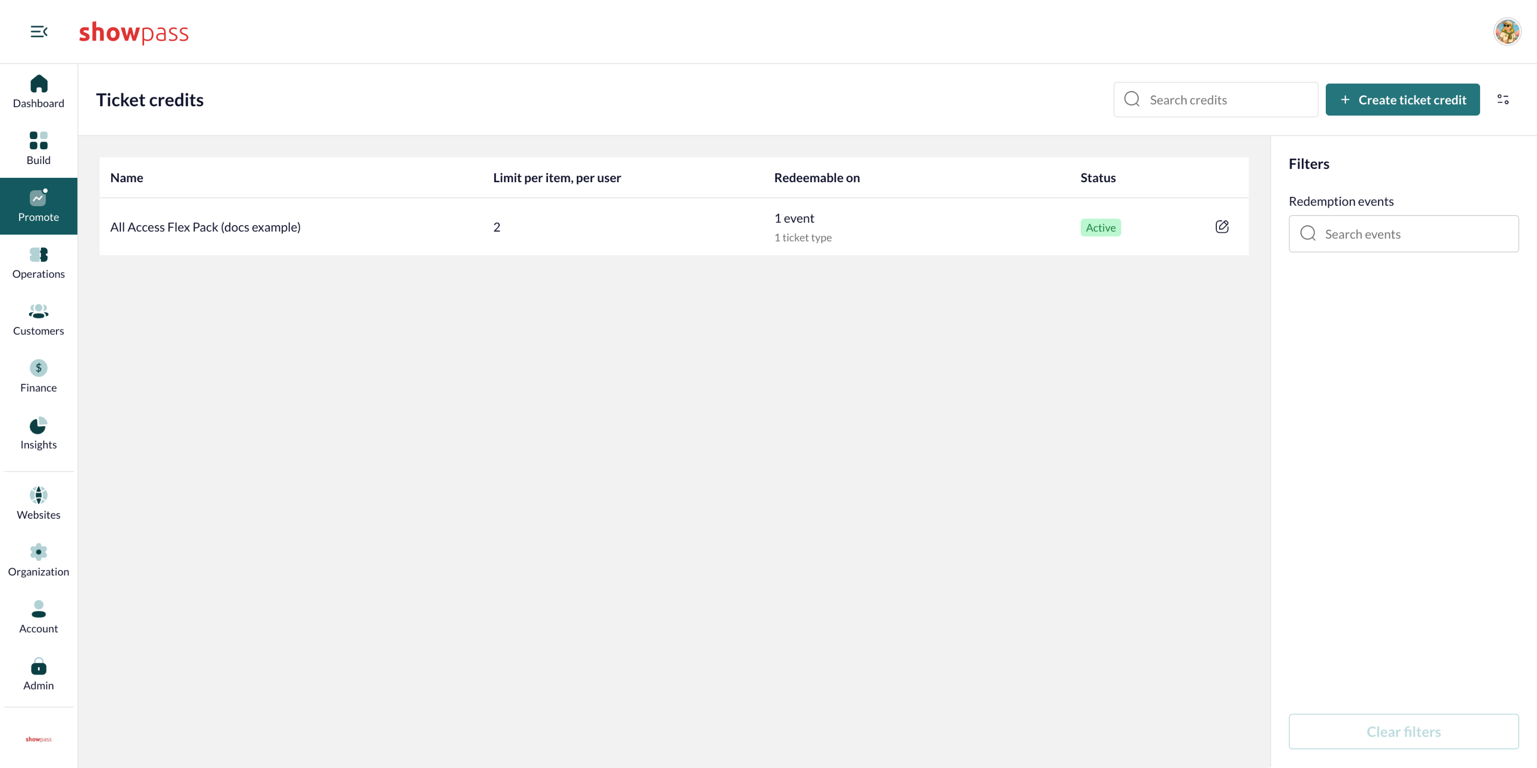 Ticket credits list with filters