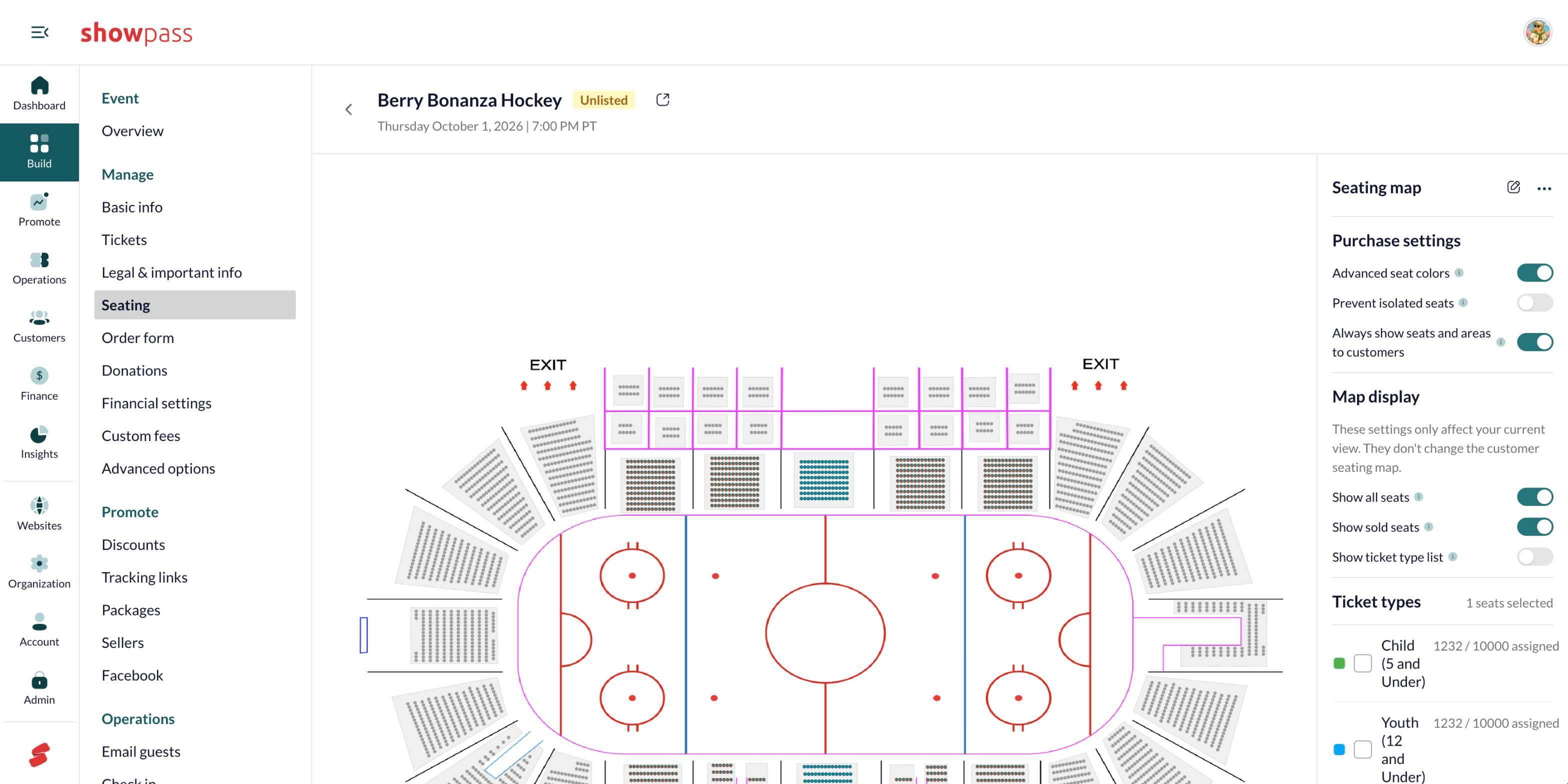 Ticket types for selected seats