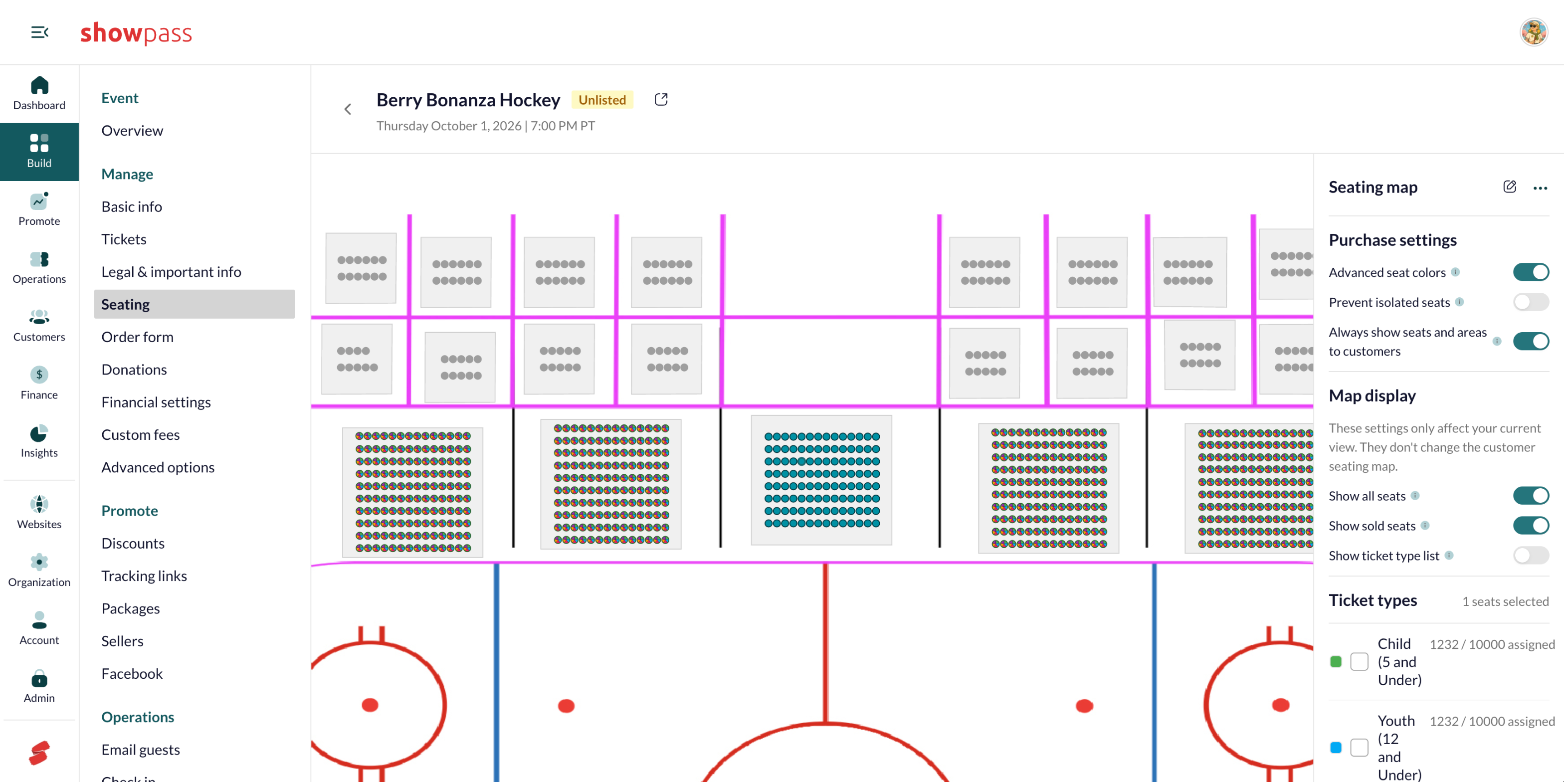 Event seating seat selected ticket types