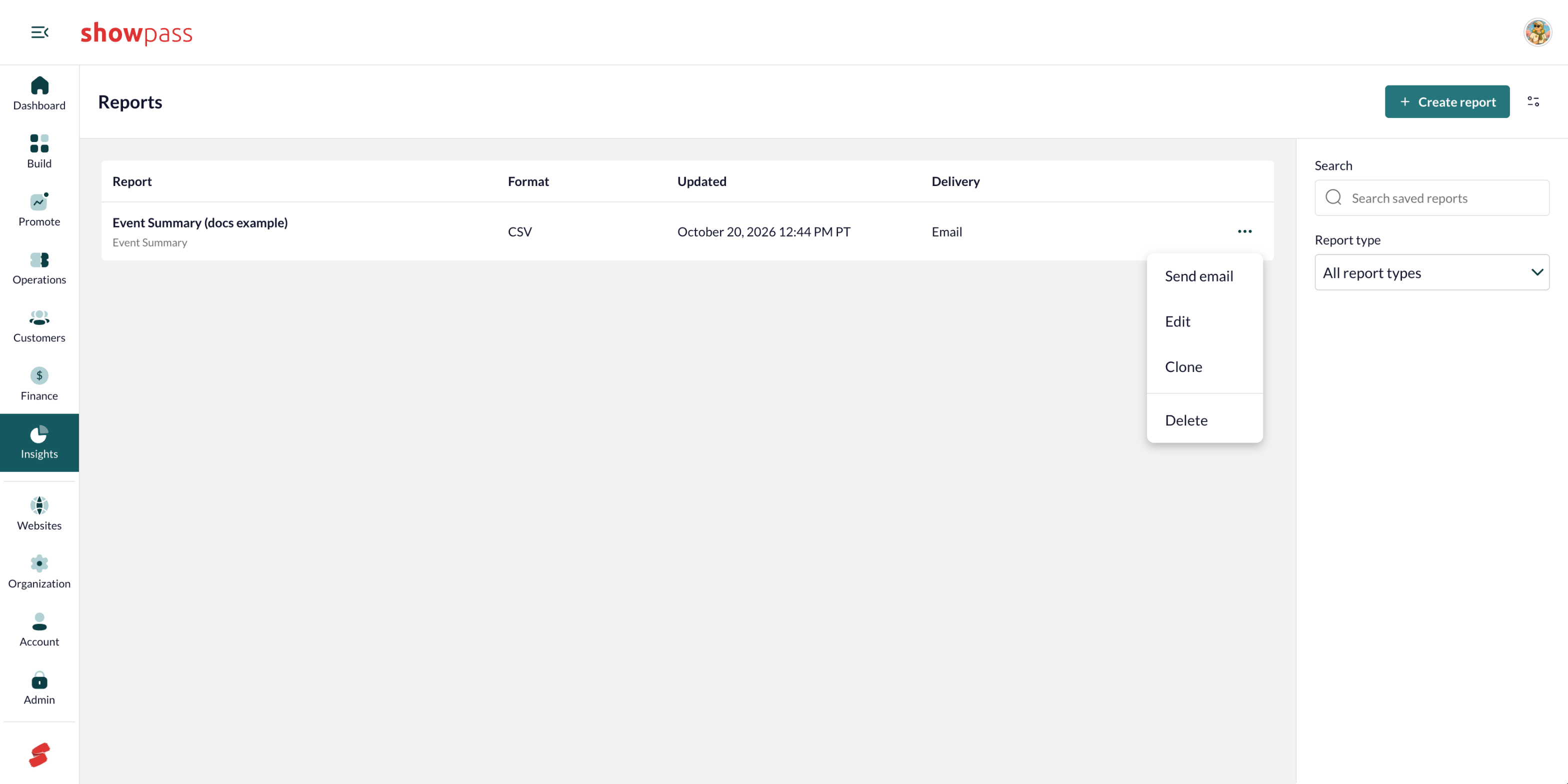 Saved report actions