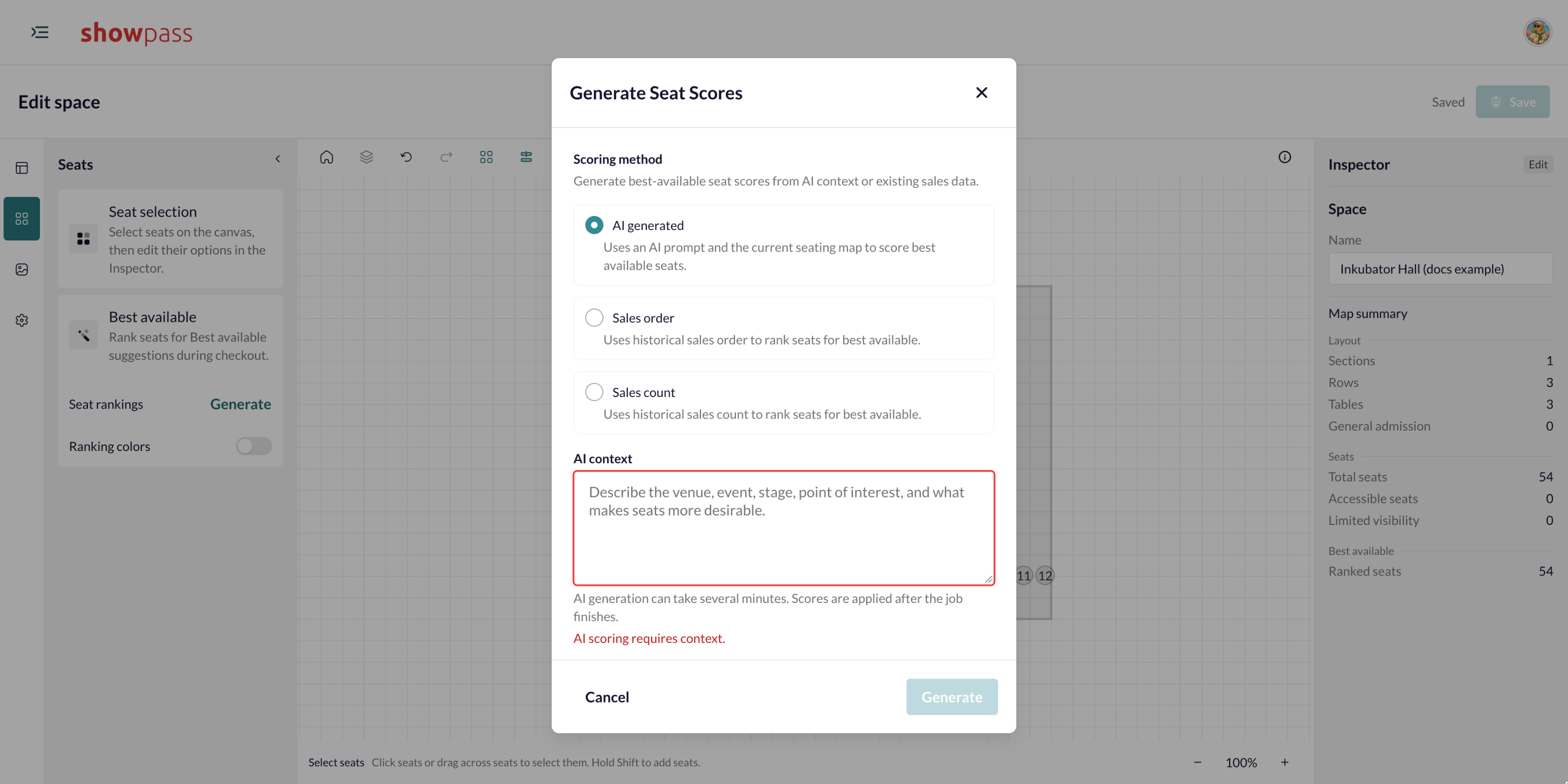 Seating builder generate seat scores dialog