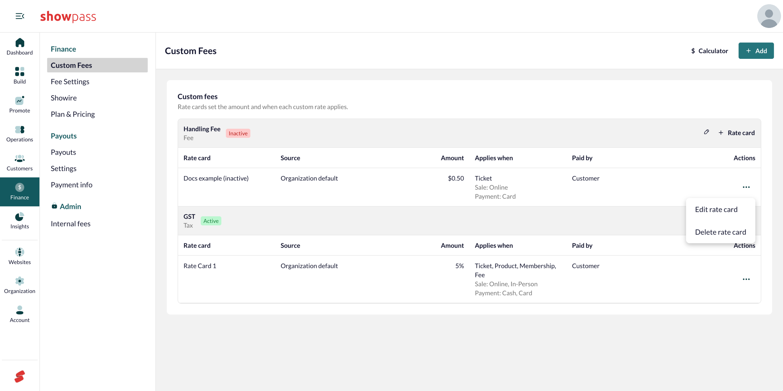 Rate card actions