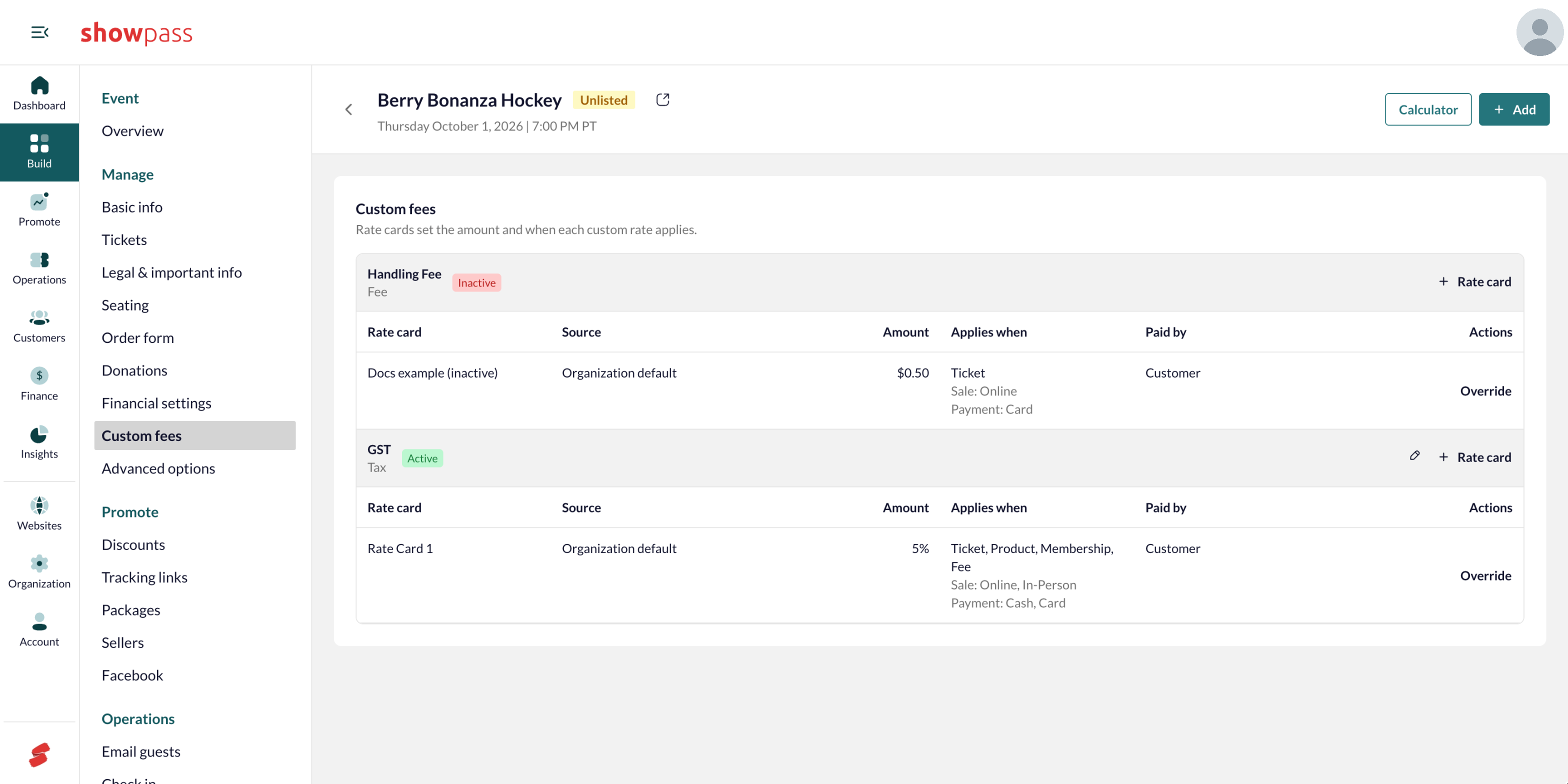 Event custom fees tab