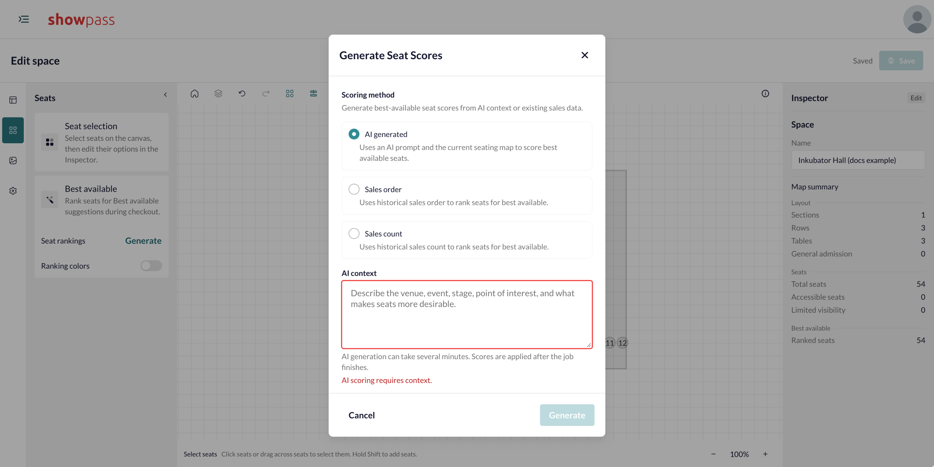 Seating builder generate seat scores dialog