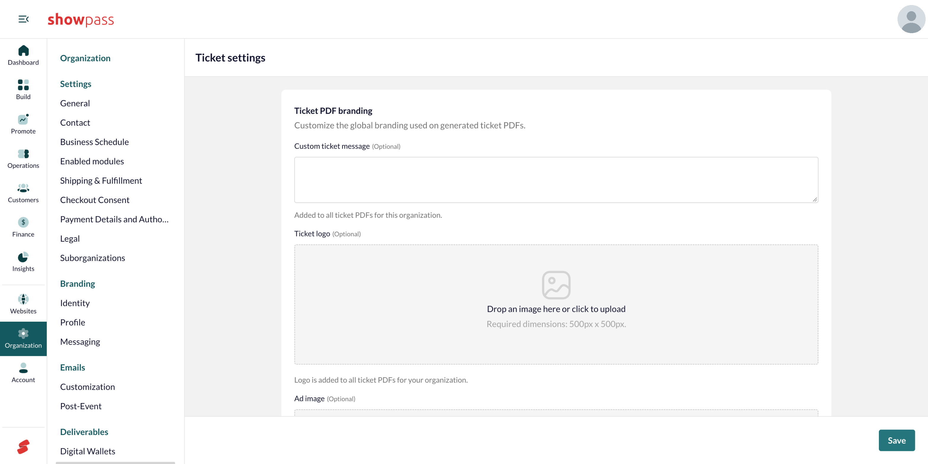 Organization deliverables Ticket settings