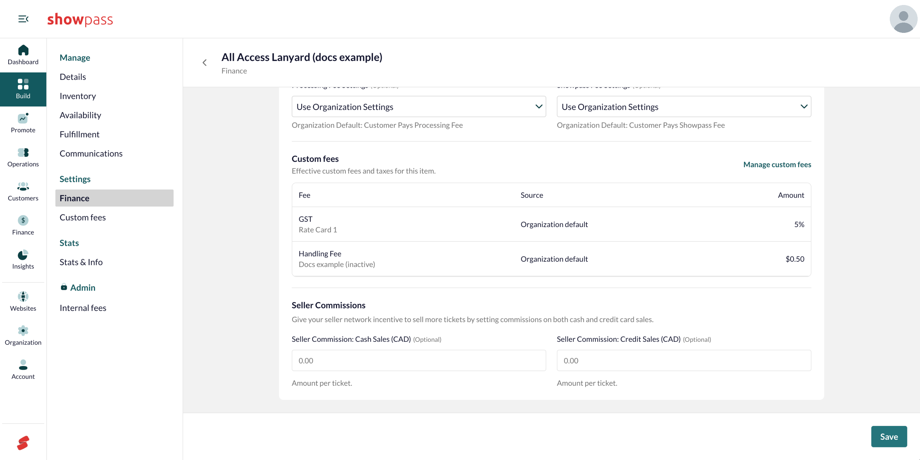 Finance tab: custom fees and seller commissions