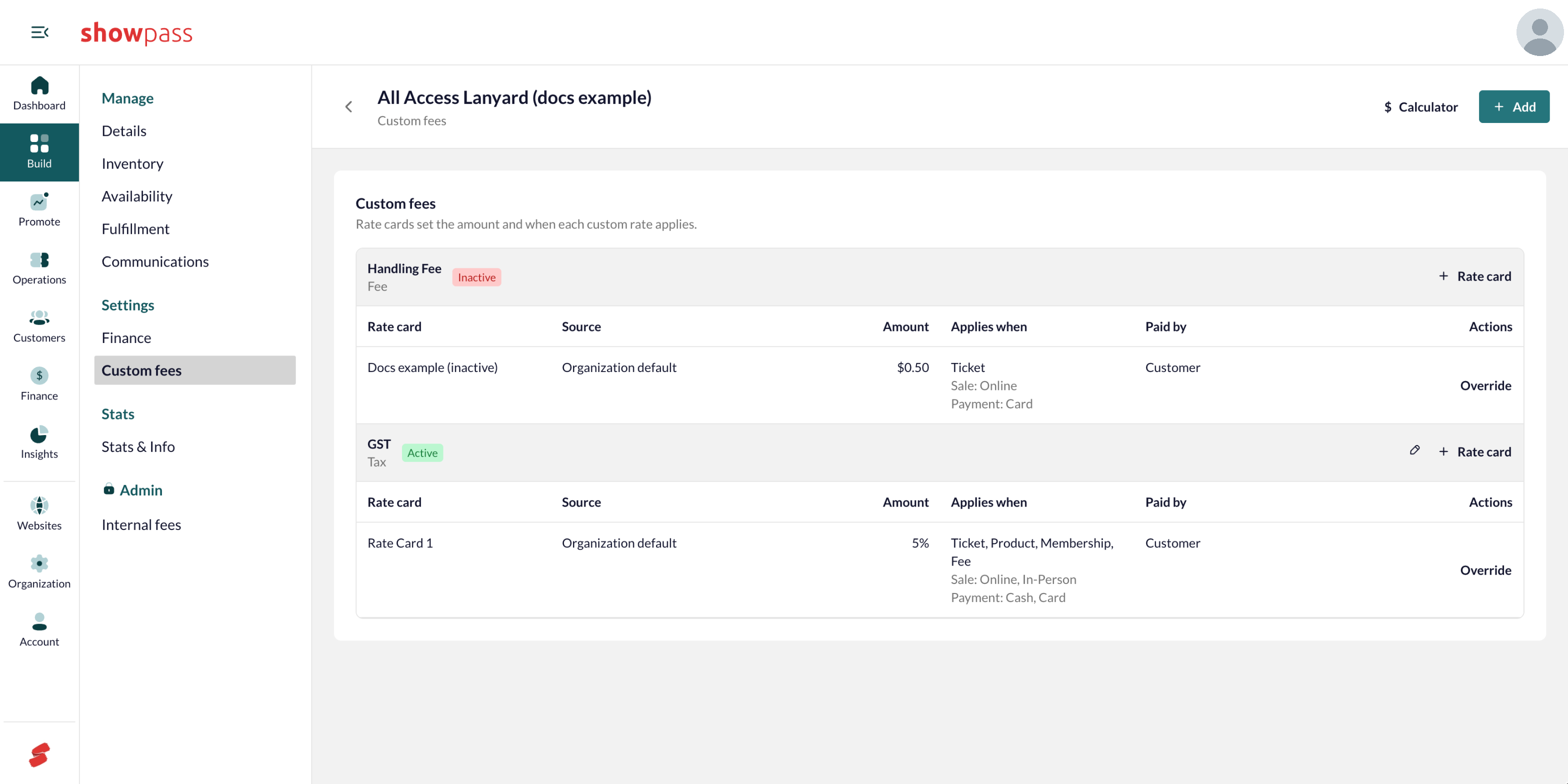 Custom fees tab