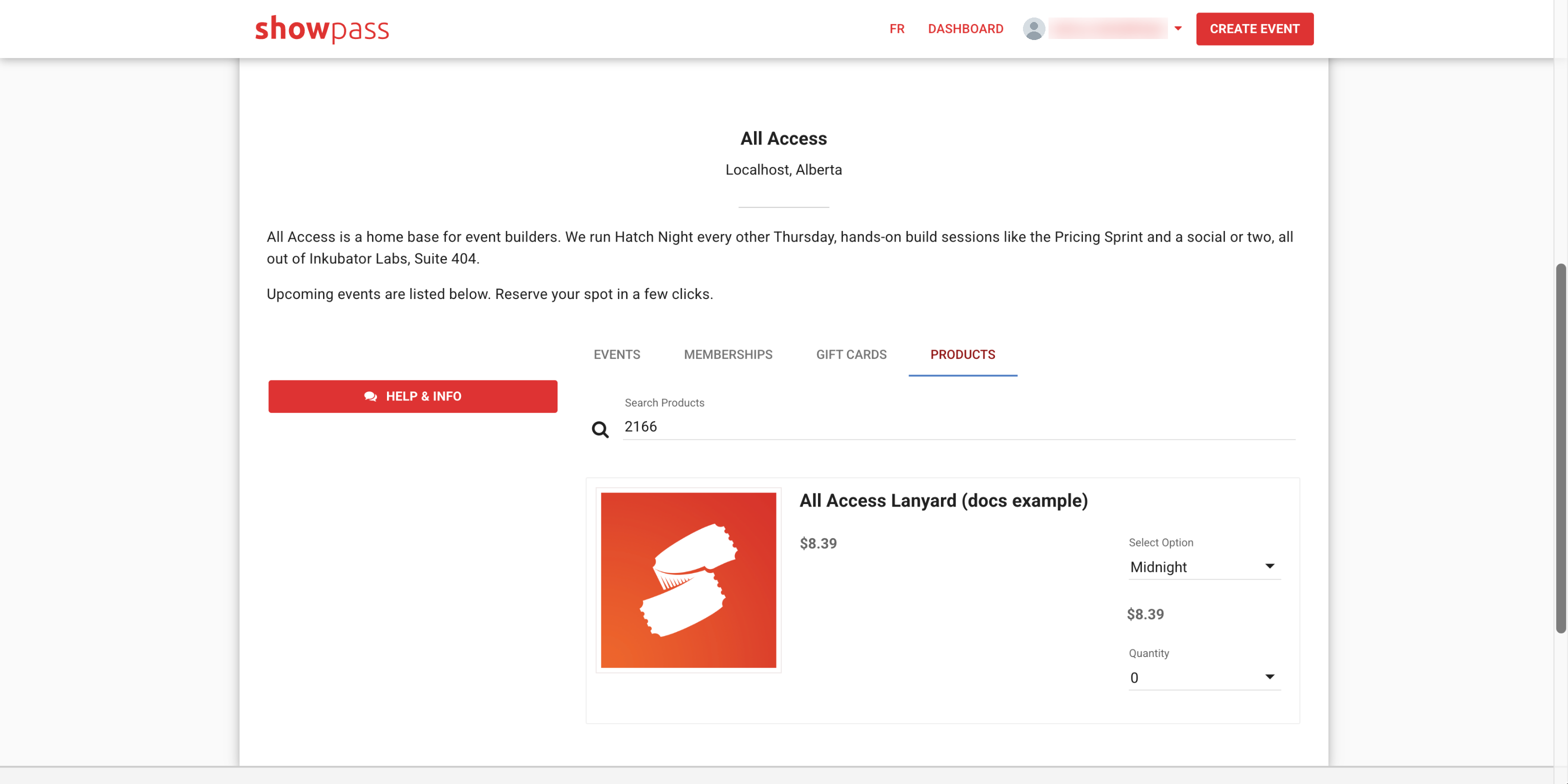 Public organizer page, Products tab