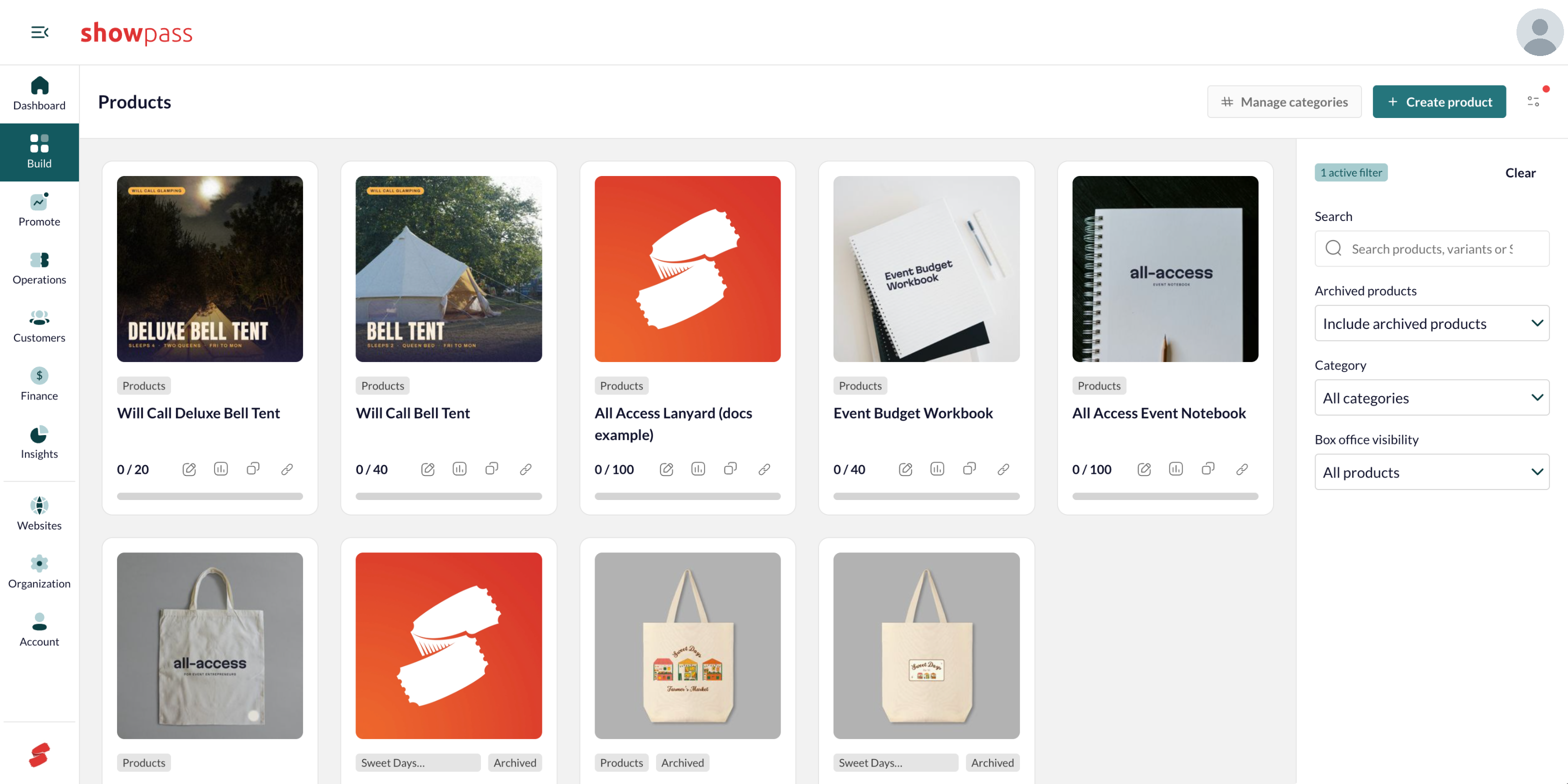 Archived product in the list with the filter on