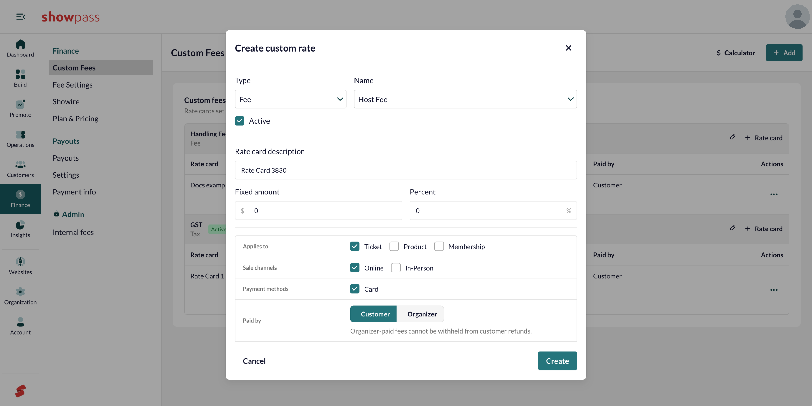 Create custom rate, fee
