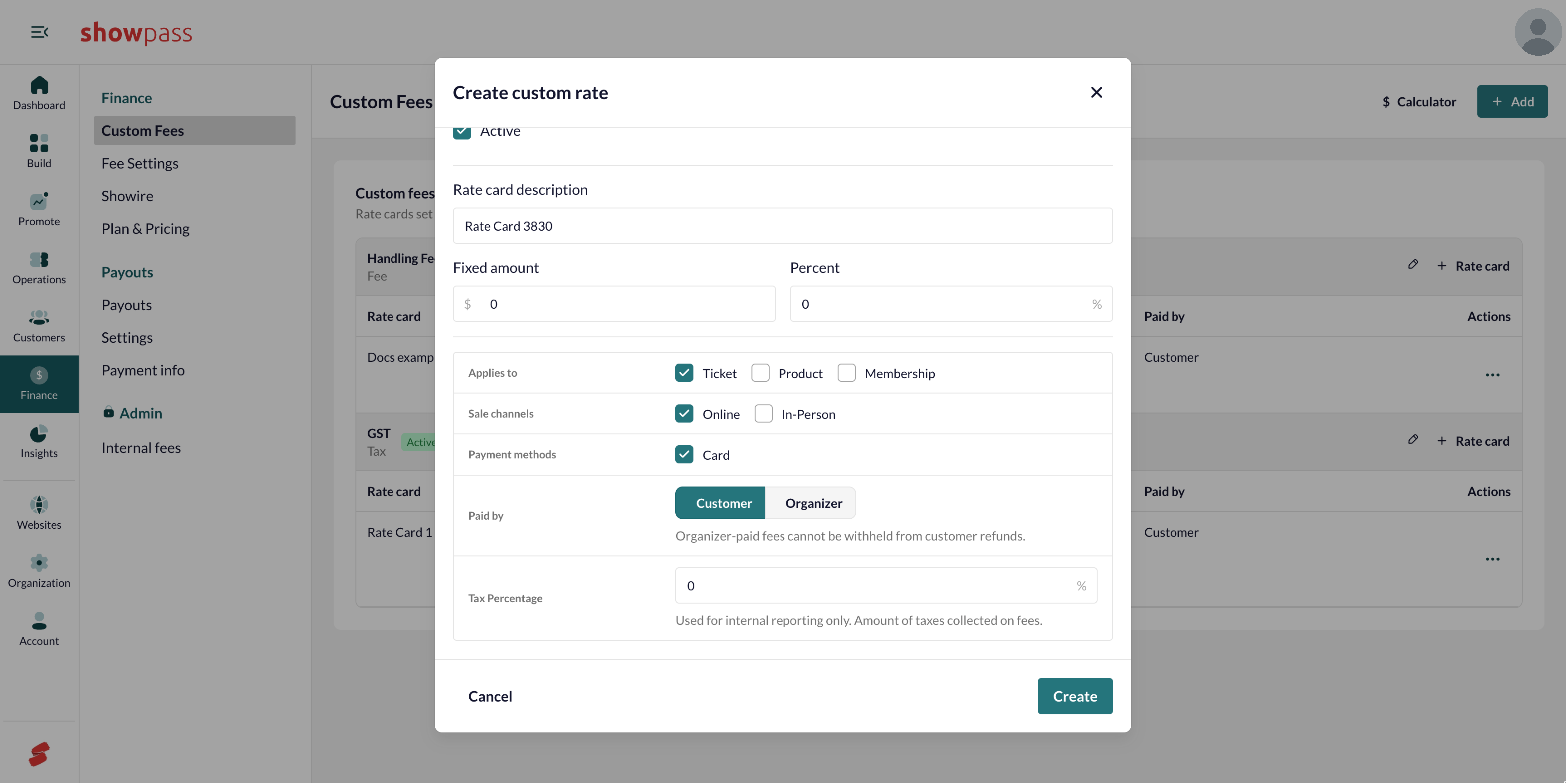 Create custom rate, applies to and paid by