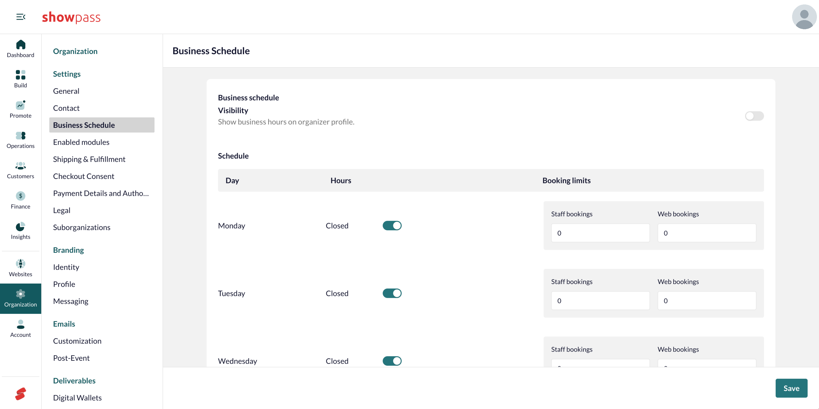 Organization settings Business Schedule