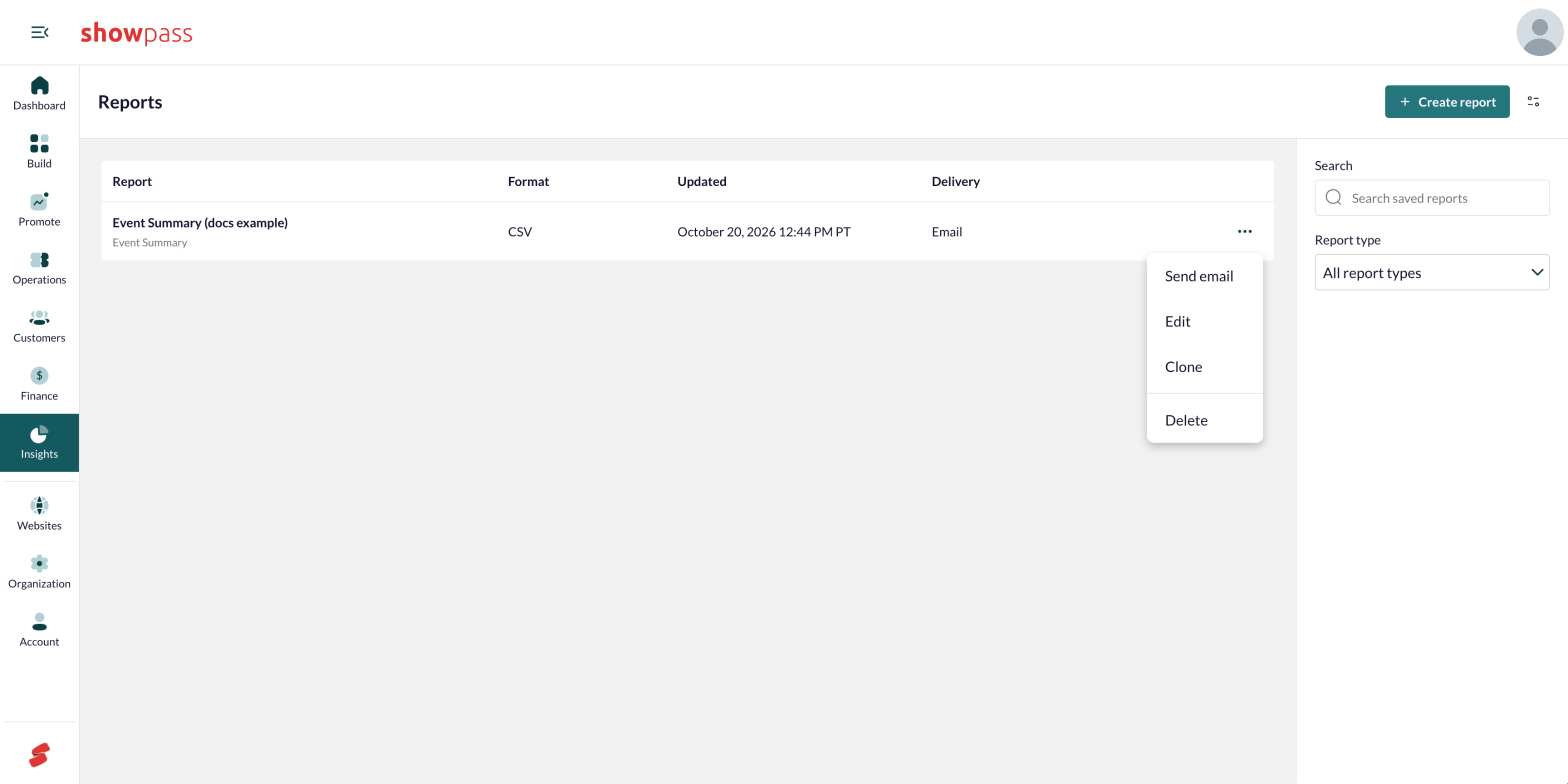Saved report actions