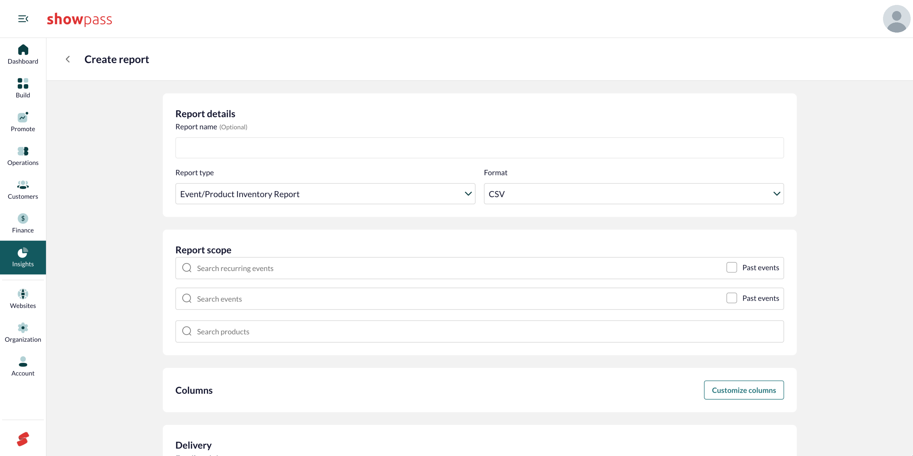 Event/Product Inventory Report scope