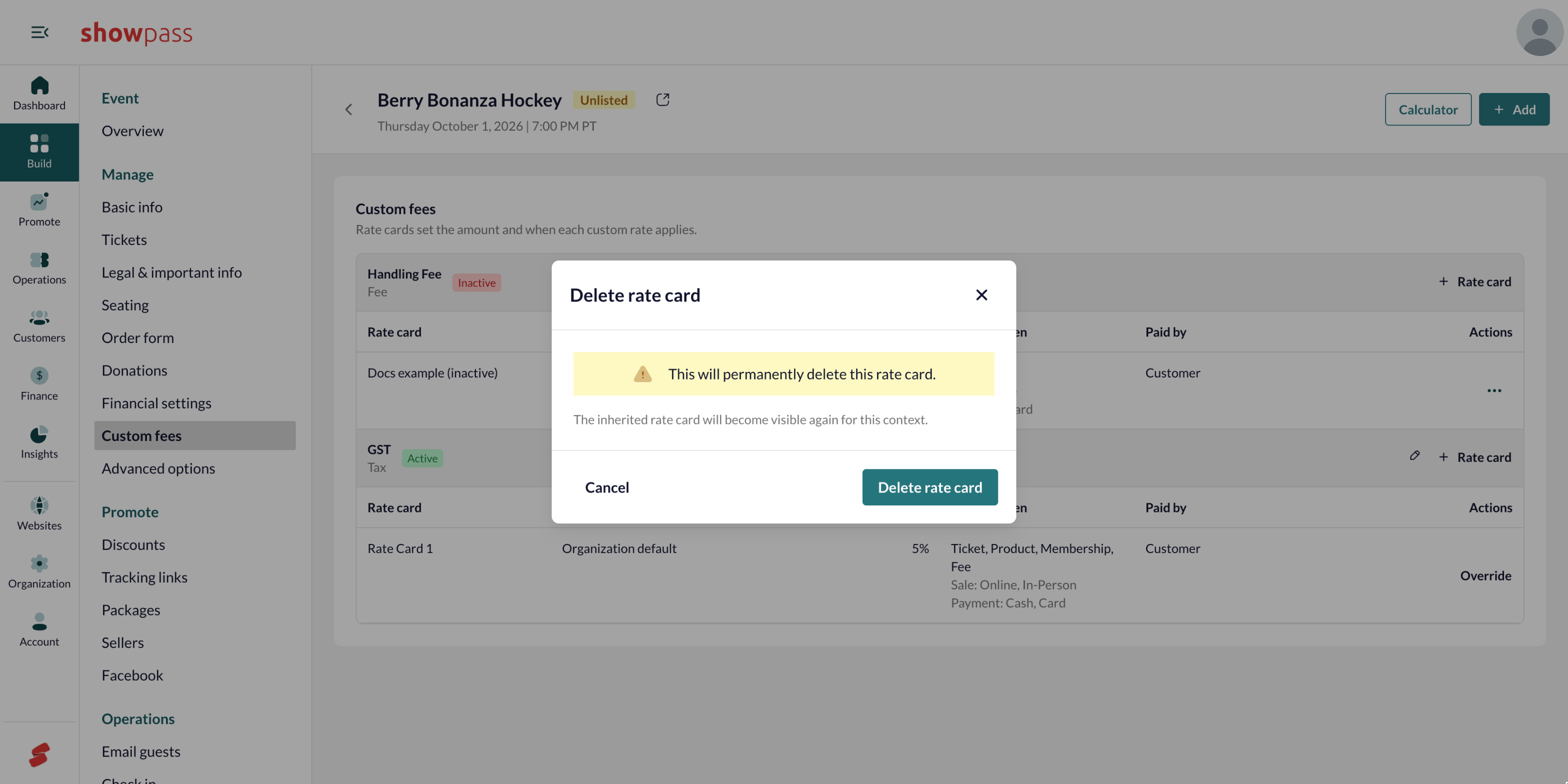 Event custom fees delete override confirmation