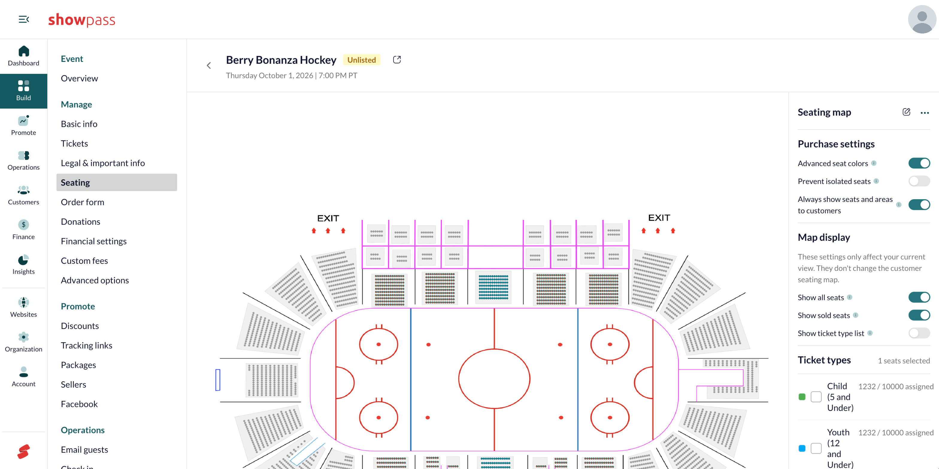 Ticket types for selected seats