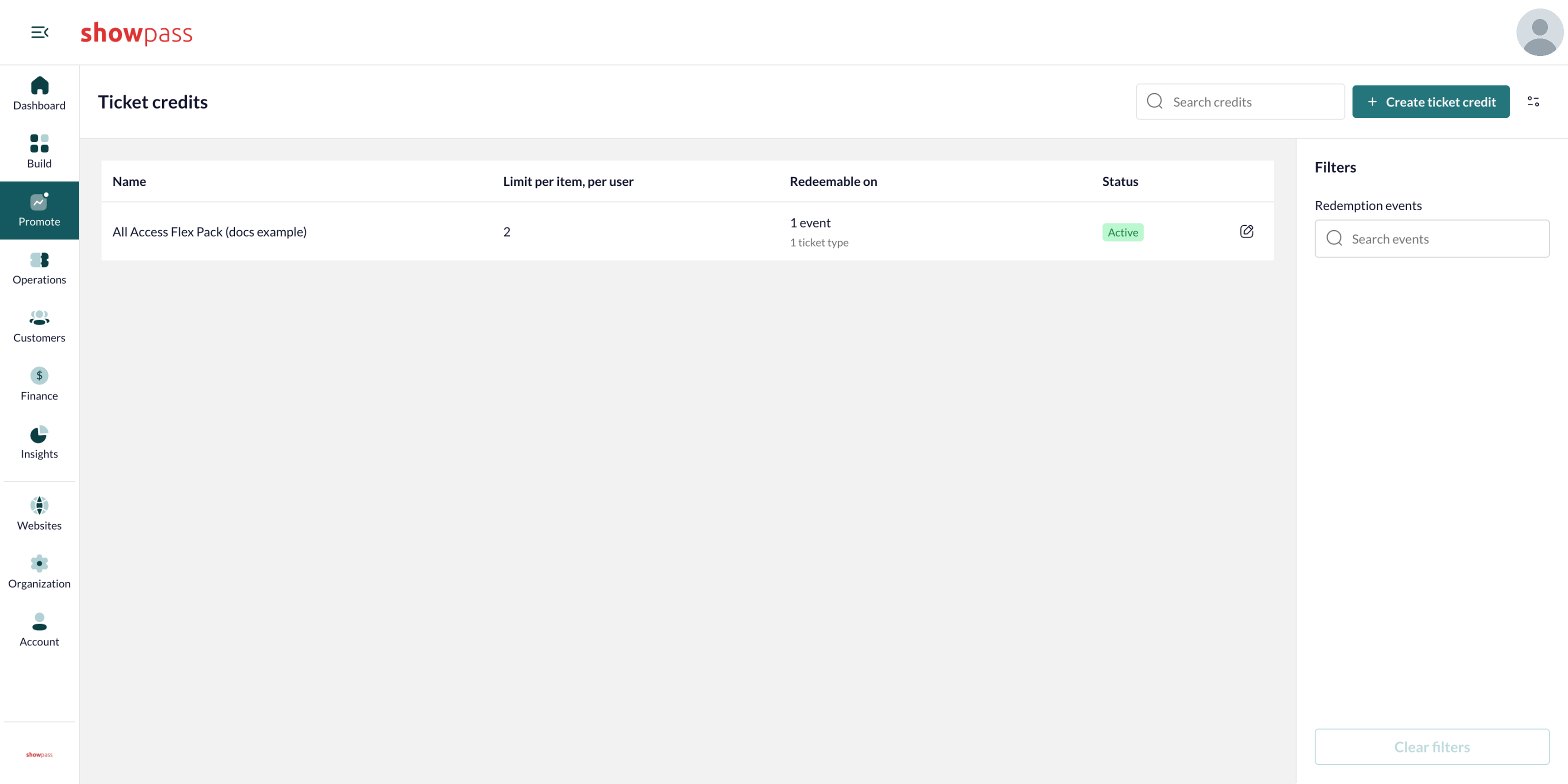 Ticket credits list with filters