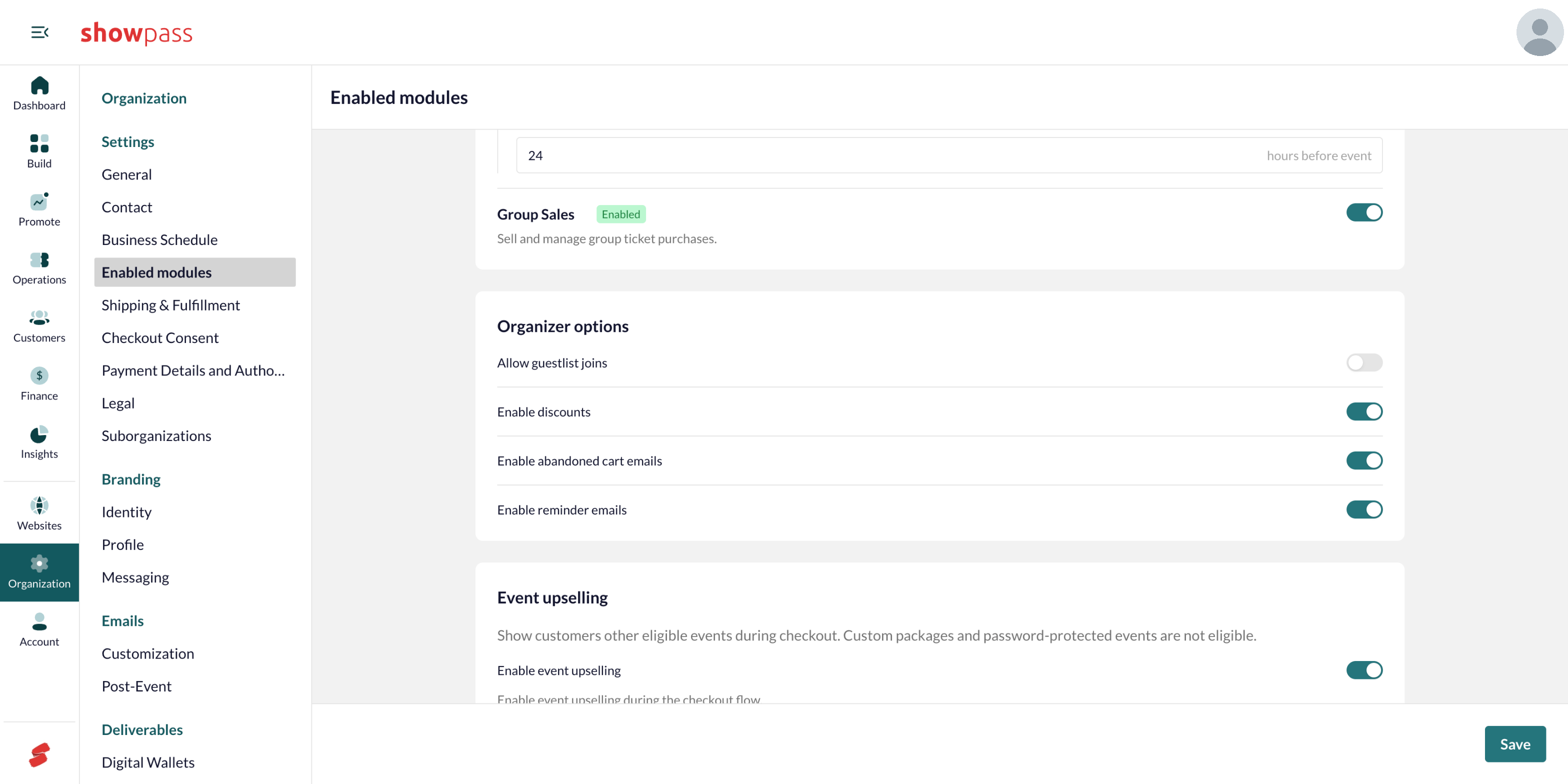 Enabled modules, organizer options